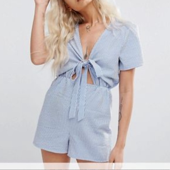 Missguided Pants - Missguided Petite Stripe Romper w/ Tie Keyhole